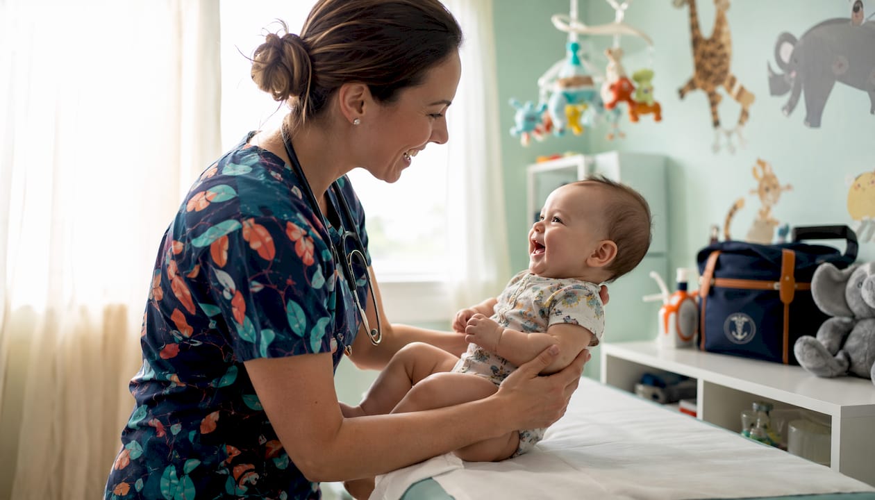 Pediatrician performing infant check-up in clinic