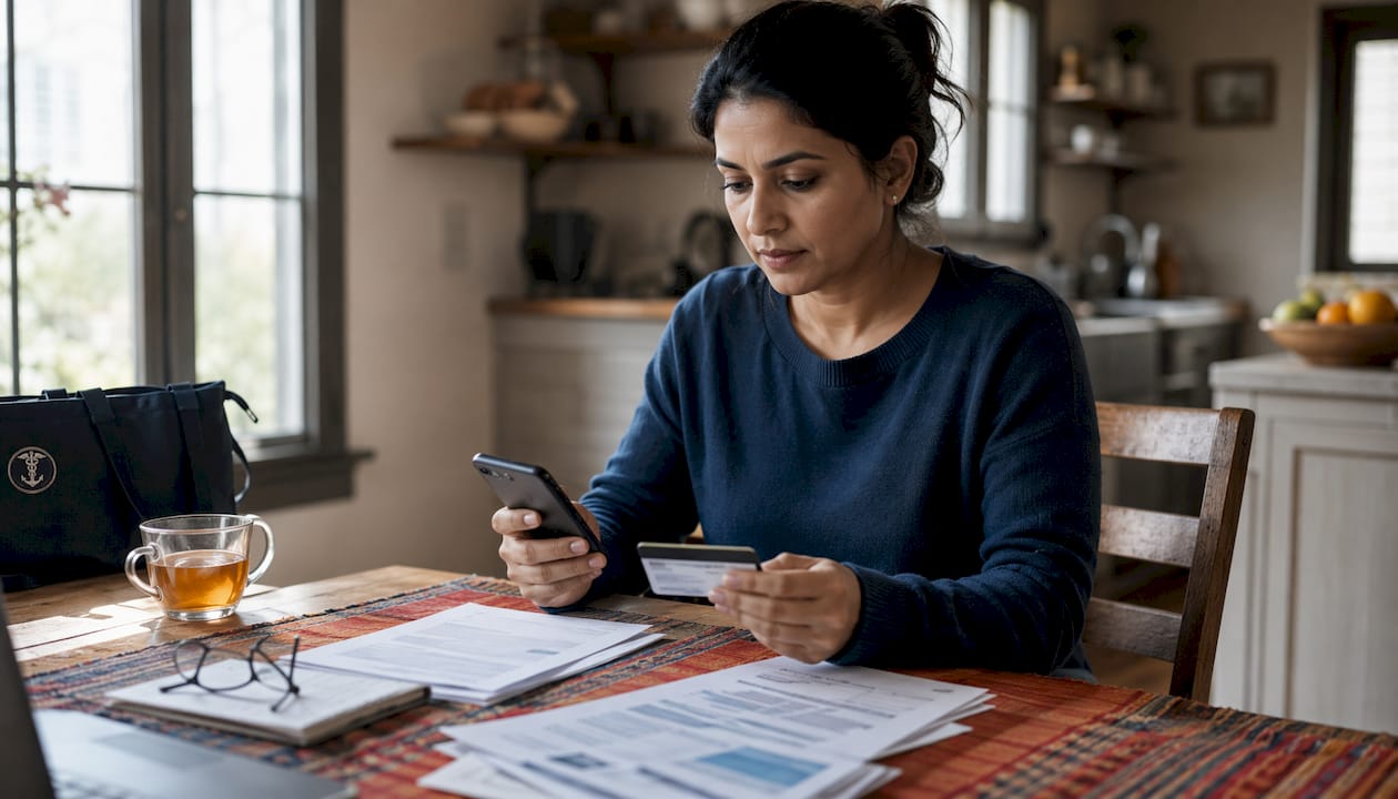 Hands holding insurance card and smartphone