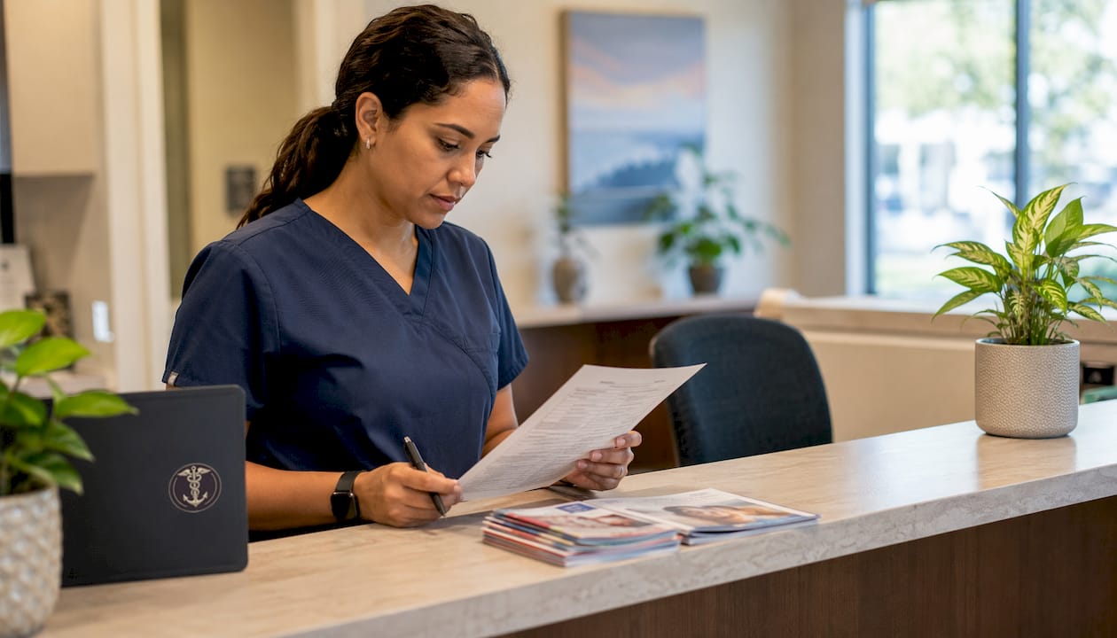 Close-up of nurse filling medical record transfer form
