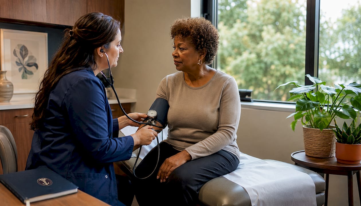 Clinician measuring blood pressure during exam