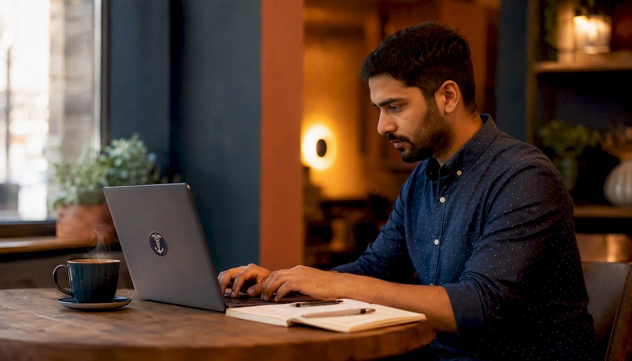 Close-up hands typing telehealth registration