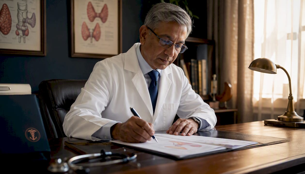 Endocrinologist reviewing patient charts in office