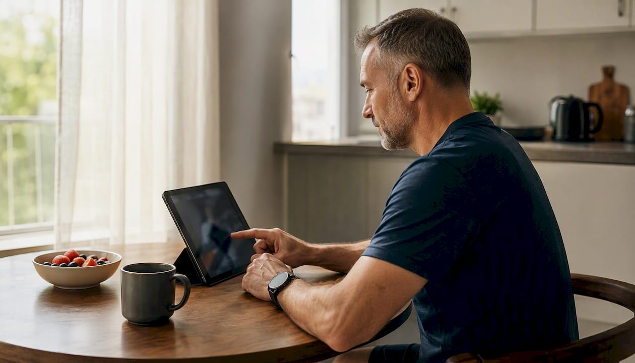 Man using rehab exercise app on tablet