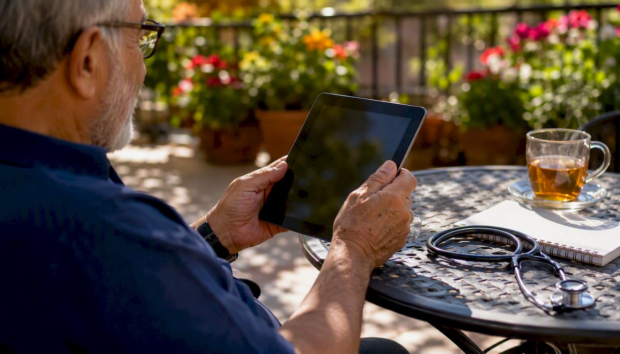 Close-up of elderly man's hands using tablet in clinic