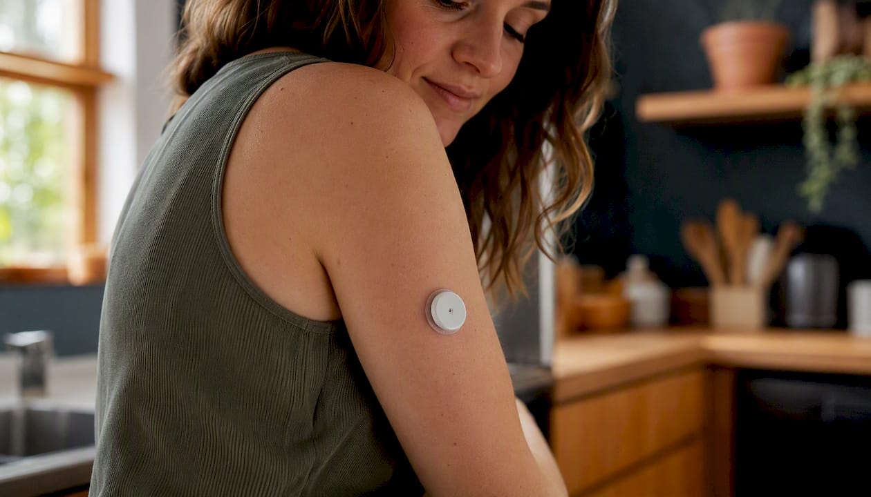 Close-up of CGM sensor on forearm