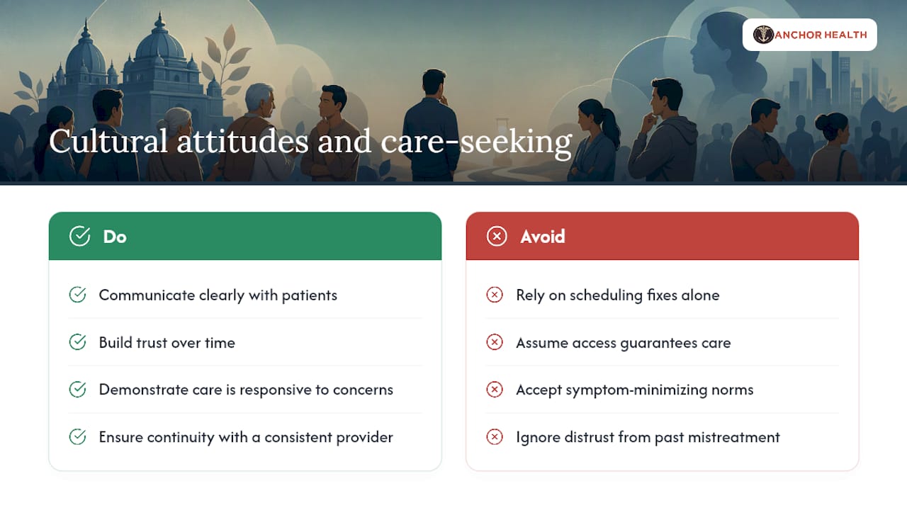 How cultural attitudes shape whether adults seek care — overview diagram