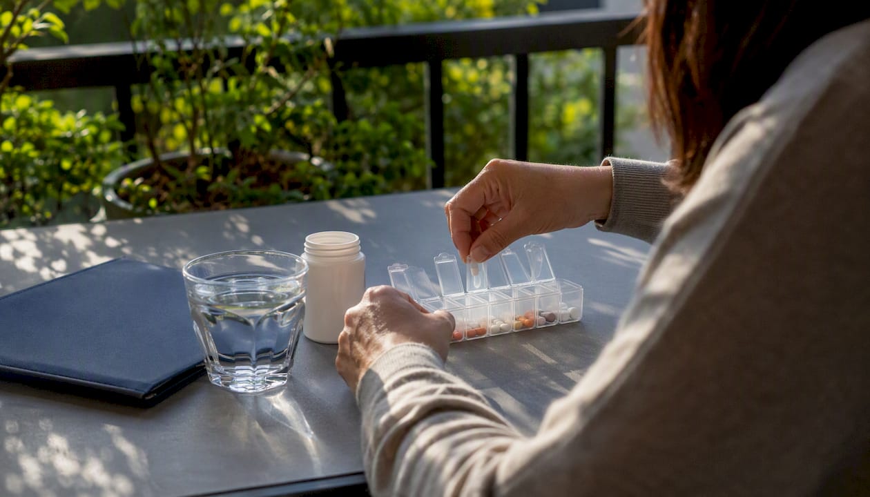 Hands organizing pills into weekly box