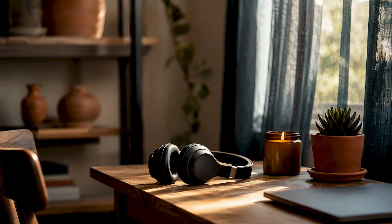 Quiet well-lit space with headphones for privacy