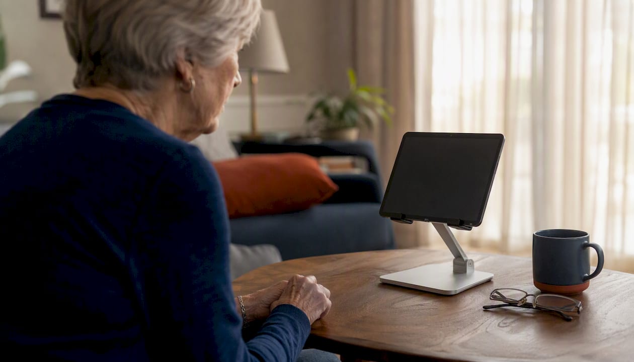 Tablet on stand ready for telehealth use