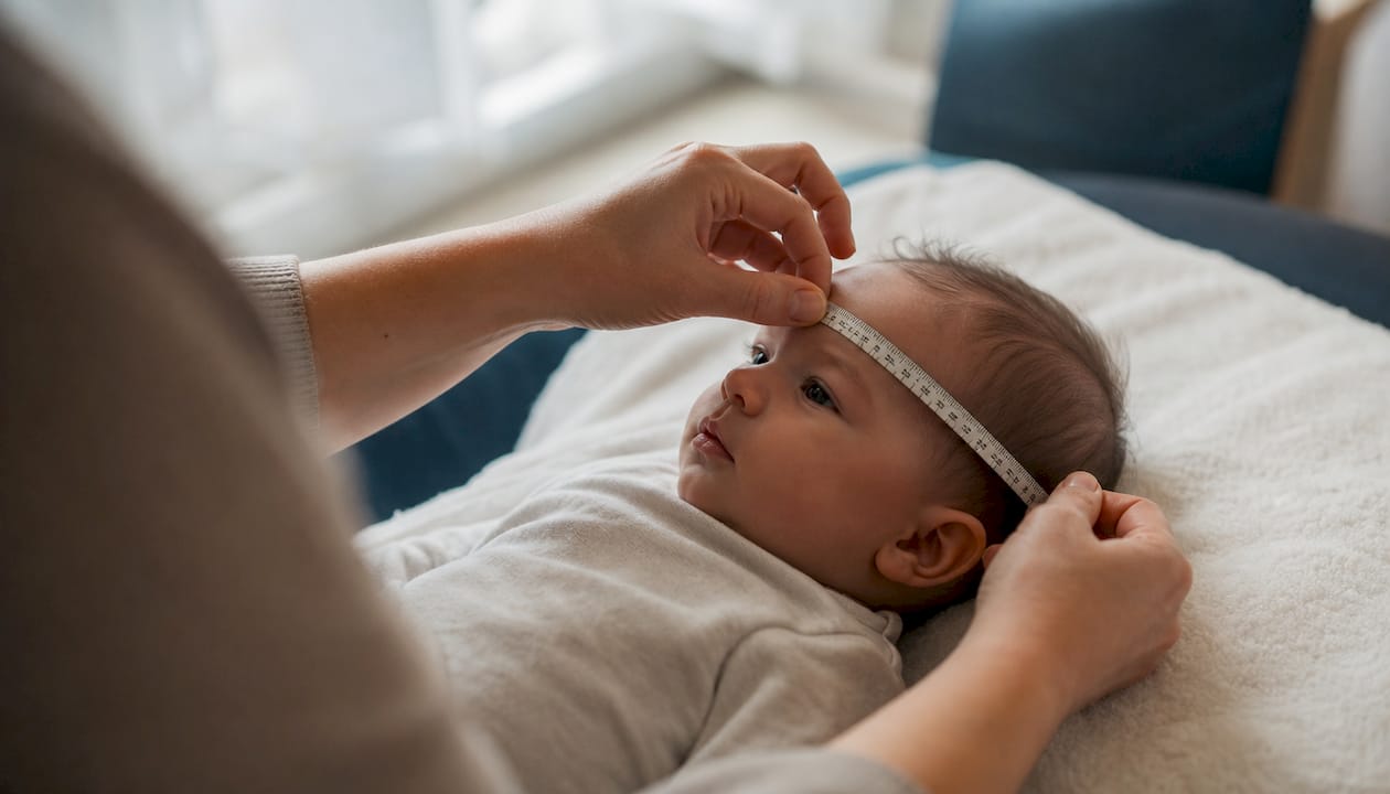 Hands measuring infant head circumference