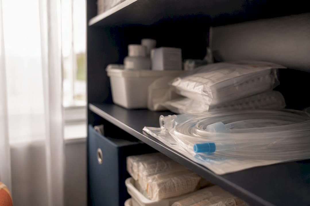 Close-up of medical supply shelf items