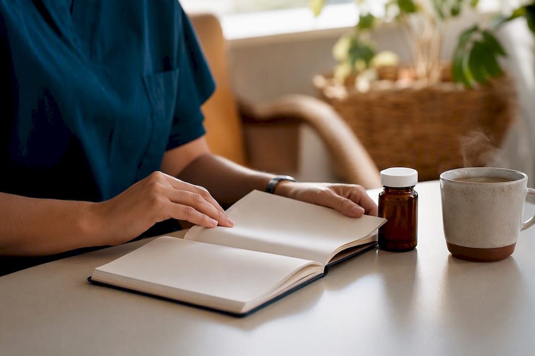 Caregiver's hands writing care log
