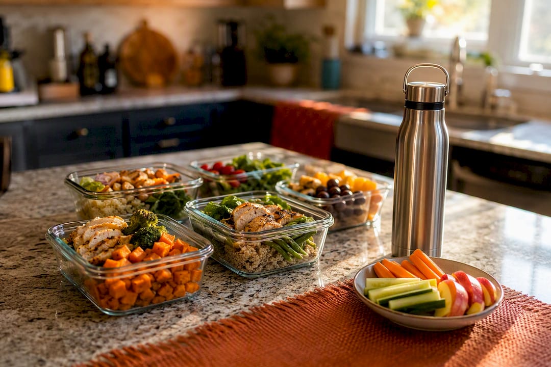 Batch-prepped meals, snacks, and water bottle