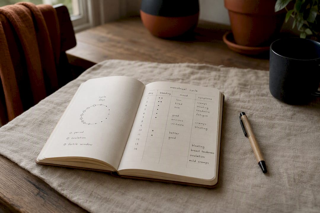 Notebook with menstrual cycle and symptom notes