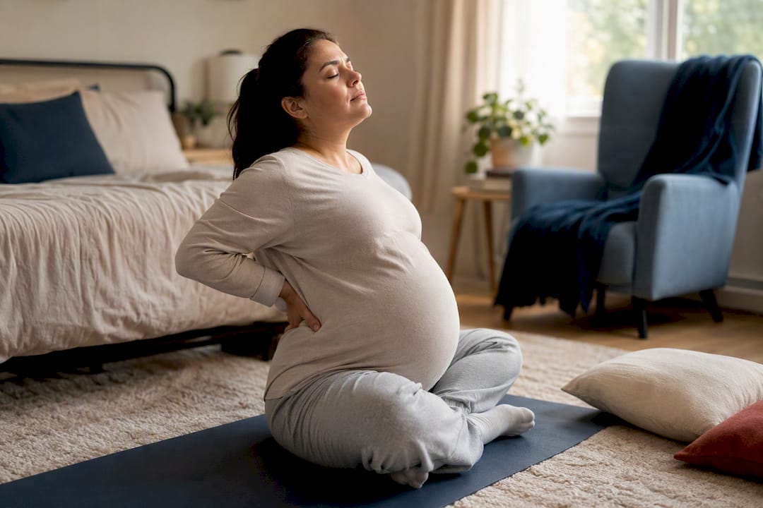 Pregnant woman doing gentle back stretch at home