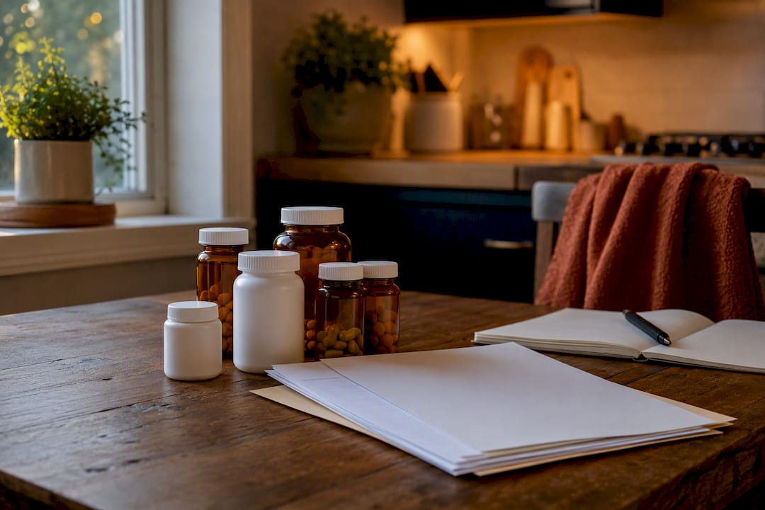 Medication bottles and documents on table