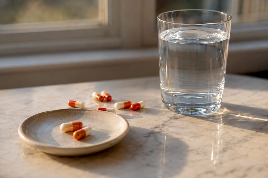 Amoxicillin capsules next to a glass of water