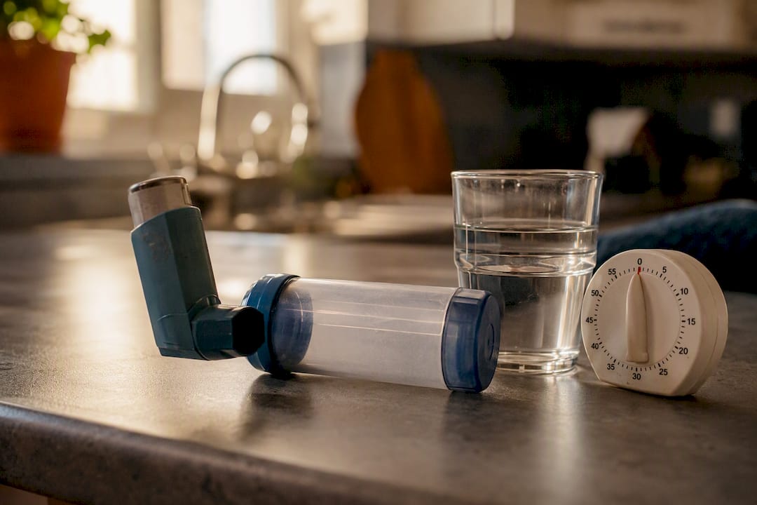 Asthma inhaler with spacer on nightstand